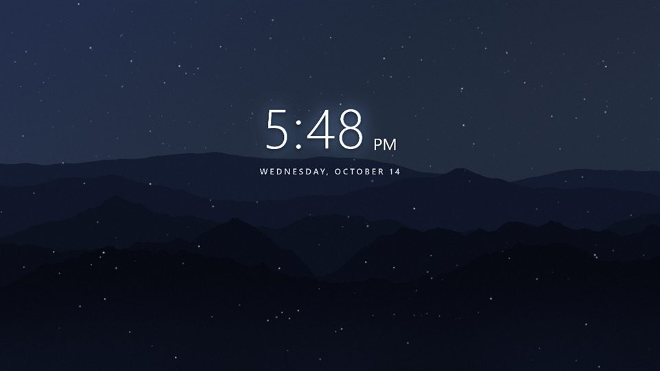 After: the same wallpaper with falling snow and the clock moved up