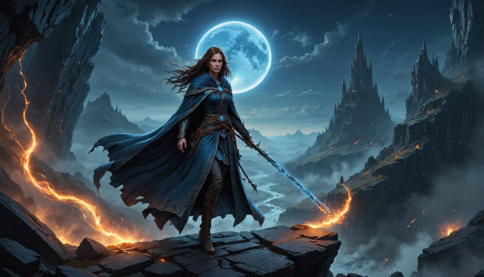 Before: a still fantasy illustration of a sorceress on a moonlit cliff