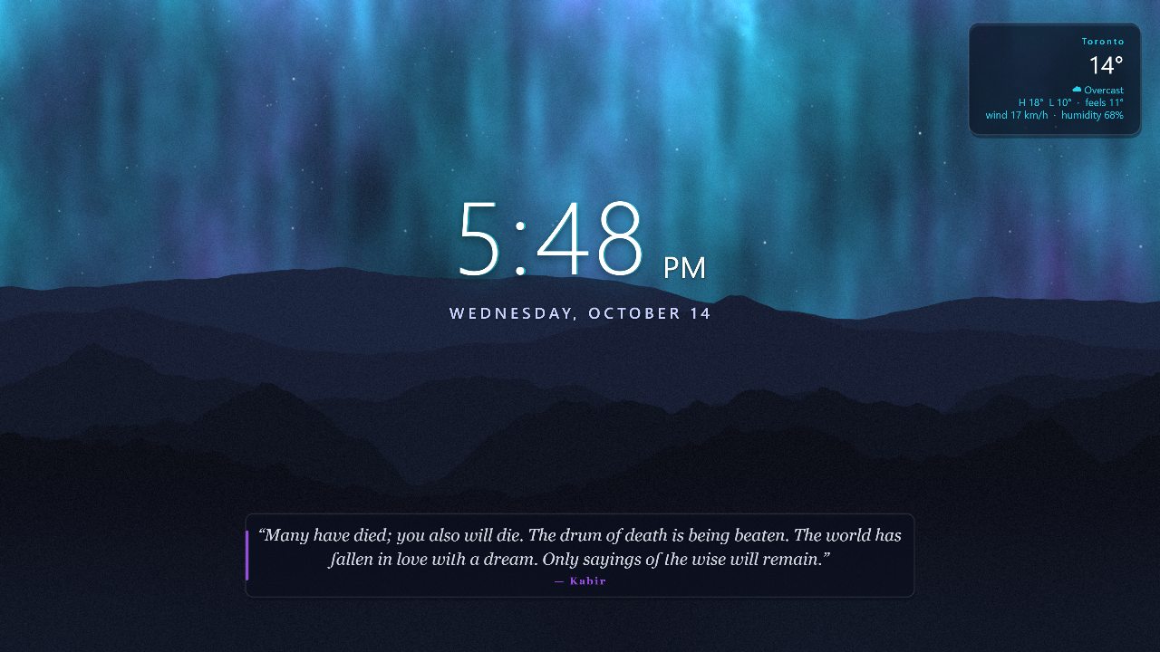 A Mural wallpaper: aurora over mountains with a clock, date, weather, system stats and a quote