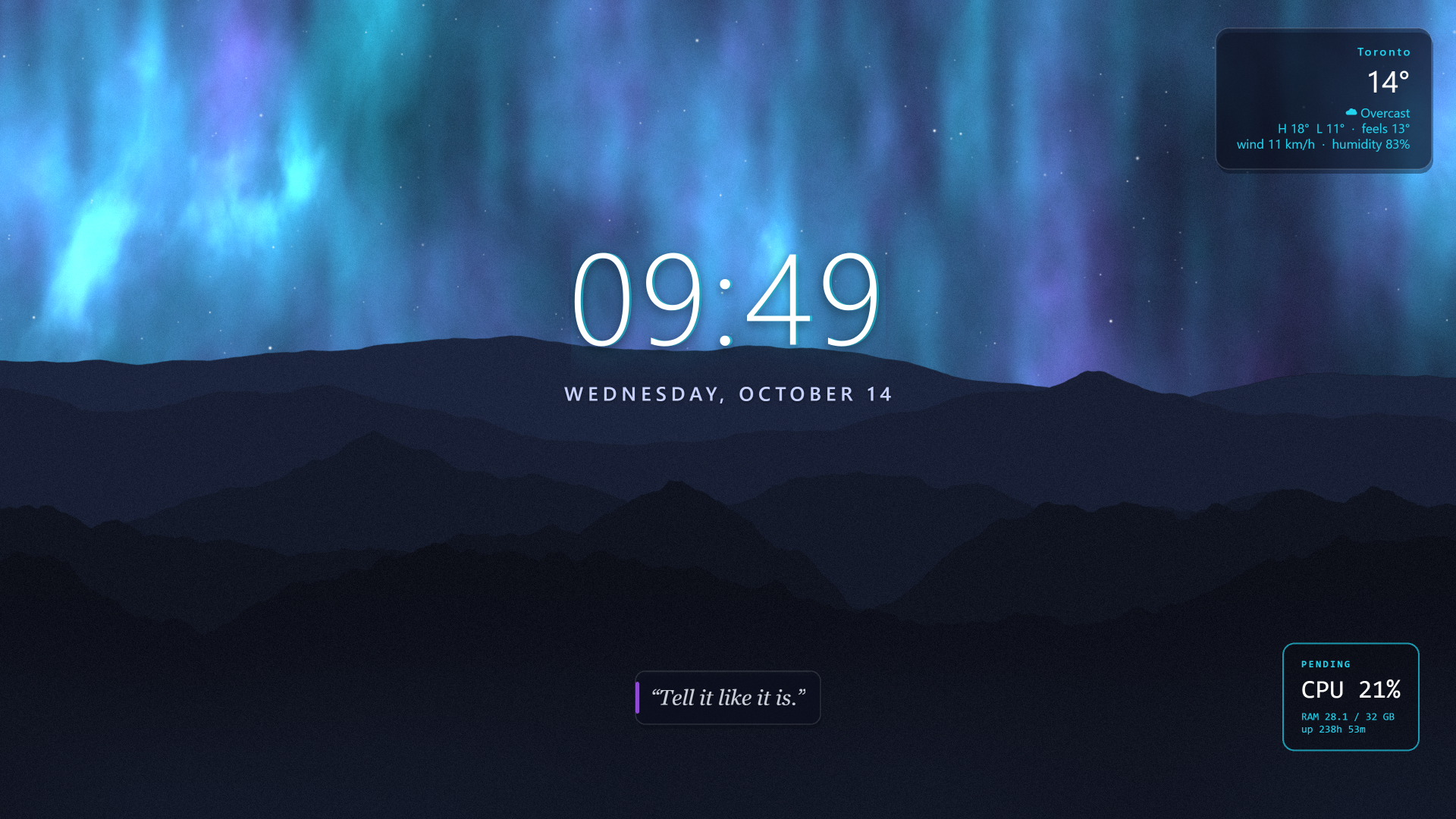 A Mural wallpaper: aurora over mountains with a clock, date, weather, system stats and a quote